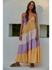 WOVEN COTTON POLY STRIPED V-NECK DRESS